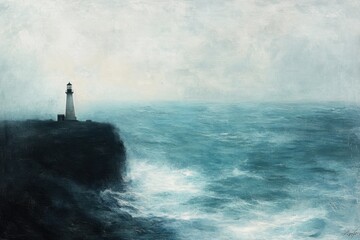 Fototapeta premium This photo depicts a realistic painting of a lighthouse standing alone in the vast expanse of the ocean A quiet lighthouse on a cliff overlooking a rough sea .