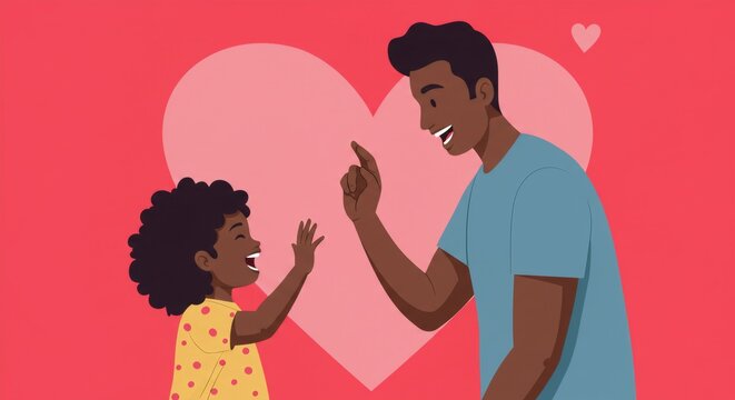 African american father and daughter high five on pink background with heart. Happy family concept. Father's day card, Black history month, Juneteenth celebration - Powered by Adobe