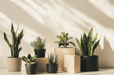 Fototapeta premium Various potted plants arranged on a black wooden table with white boxes
