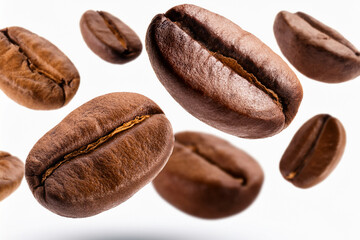 Obraz premium granos de cafe arabica tostados levitando en el aire fondo blanco