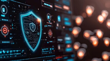 Obraz premium A glowing virtual shield with encrypted data protection symbols in front of a cloud storage interface.