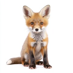 Adorable red fox kit sitting on a white background, looking directly at the camera. Soft fur, fluffy tail