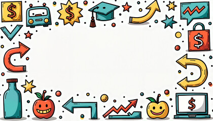 Fototapeta premium Doodle style frame with symbols of finance and education 