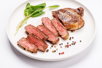 A perfectly cooked sliced striploin steak with a juicy, tender texture