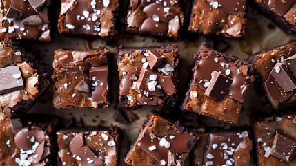 Flat lay of brownie bites topped with sea salt and caramel drizzle, rich chocolate dessert with gourmet touch
