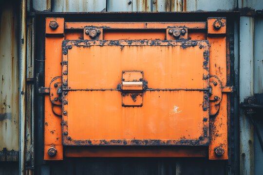 Rusty metal hatch on weathered industrial wall with orange door frame