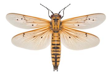 PNG cut out isolated background. A vivid firefly with delicate, semi-transparent wings marked by fine black patterns.