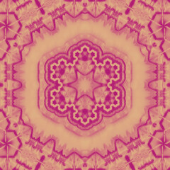 Symmetrical kaleidoscopic pattern. Deep pink and light beige tones. Central floral motif. Intricate geometric shapes. Radial arrangement. Abstract fractal design. Digital illustration. Decorative art