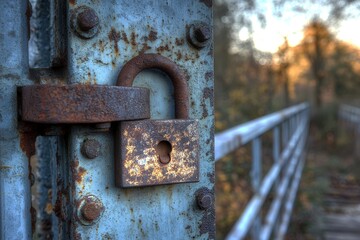 Rusty padlock on weathered metal fence with blurred forest background in autumn