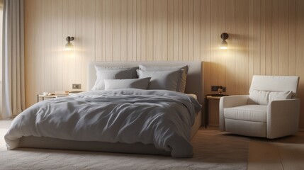 A cozy bedroom with a feature wall of light oak paneling