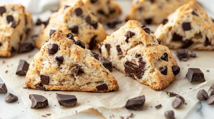 Chocolate chunk scones on parchment paper, rustic bakery-style flat lay with crumbly texture