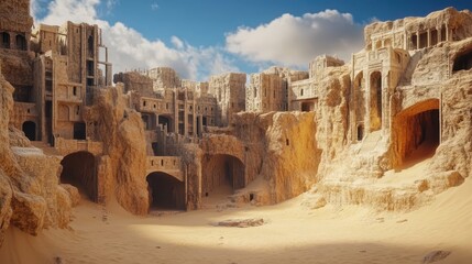 Ancient ruins civilization eroded concept. A vast, ancient landscape of eroded structures and sand, with towering formations and a dramatic sky, suggesting a lost civilization.