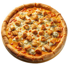 Delicious cheese pizza topped with savory chicken pieces, featuring a golden crust and melted cheese, perfect for sharing or a cozy night in.