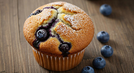 Blueberry Muffin with Powdered Sugar on Wooden Table