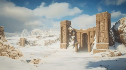 Ancient ruins civilization eroded concept. A snow-covered landscape features ancient stone structures, with intricate carvings, under a blue sky dotted with clouds.