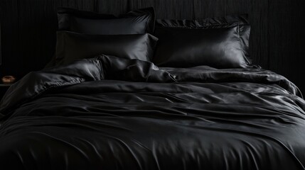 Bed in the bedroom with stylish black silk bedding. Close-up.