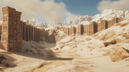 Ancient ruins civilization eroded concept. A serene desert landscape with ancient stone structures, surrounded by mountains and soft clouds, creating a mystical atmosphere.