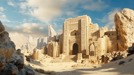 Fototapeta premium Ancient ruins civilization eroded concept. An ancient, weathered structure stands amidst rocky terrain and sand, showcasing intricate carvings and a majestic entrance under a bright, cloud-filled sky.