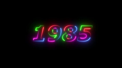 1985 neon line text. Abstract 1985 neon text animation ,For neon color Glowing neon number text background 4k video animation . 1985 title metal text on glowing text animation black background