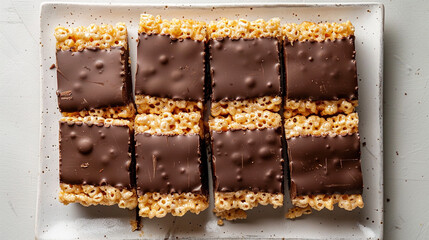 Chocolate-covered rice crispy treats cut into bars, marshmallow dessert with chocolate top for packaging or ads