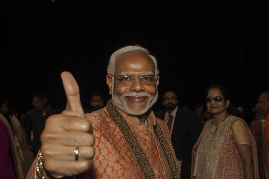 Modi's Assurance: Indian leader in traditional attire, radiates confidence, offering a thumbs-up sign. capturing authority and optimism.