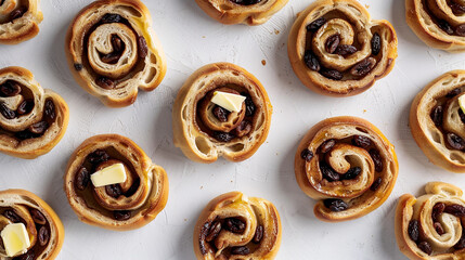 Fototapeta premium Cinnamon raisin bagel halves toasted and topped with butter, cozy breakfast flat lay perfect for stock food photography