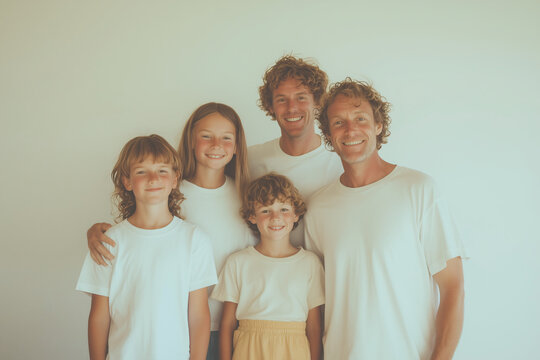 Family bond: A warm and intimate portrayal of a family smiling brightly together, bathed in soft, natural light, celebrating the joys of togetherness. A visual embodiment of unity, happiness.