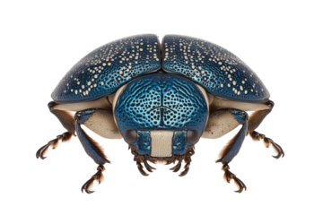 PNG cut out isolated background. A metallic blue beetle with a detailed, speckled shell displaying white dot patterns and a structured exoskeleton.