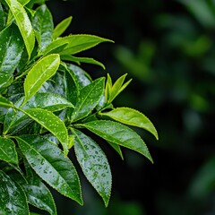 Sunlit grove with dew-kissed vibrant glossy green tea leaves glistening in sunlight creating serene and refreshing nature scene