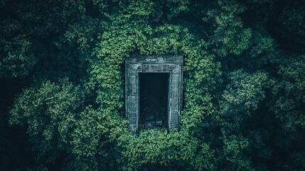 Hidden doorway in lush forest canopy