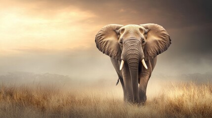 Obraz premium A Majestic African Elephant Walking Through Golden Savanna Grasslands Under a Breathtaking Sunset Sky at Dusk