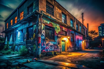 Fototapeta premium Nighttime Urban Exploration: Abandoned Building, Dark Cityscape, Mysterious Shadows