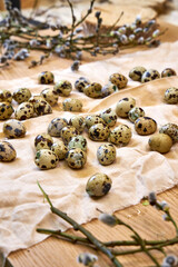 top view of quail eggs and willow branches in beige on linen towel, Easter background