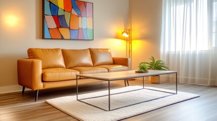 A cozy modern living room with tan leather furniture, a bold multicolored abstract painting on the wall,