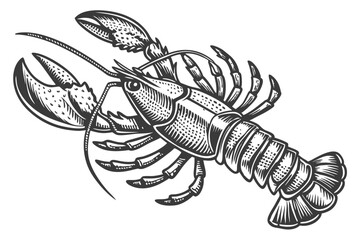 28 Detailed lobster illustration, black and white, engraving style, vintage scientific drawing, anatomical accuracy, symmetrical composition, top view, claws raised, segmented body, fine line work, hi