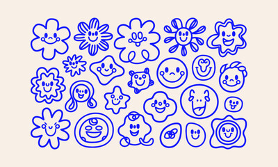 A collection of cute hand-drawn smiley face doodles in a modern vector style, easy to edit. 