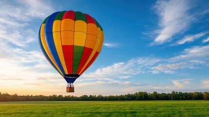 Obraz premium A Vibrant Hot Air Balloon in Colors Against a Stunning Sunset Sky Over a Green Field Captures Nature's Essence and Beauty