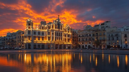 Obraz premium Illuminated city square at fiery sunset, reflecting in calm water