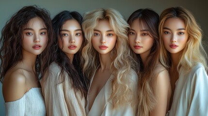 Obraz premium Five women stand closely together, showcasing a range of hairstyles from wavy to straight. The warm lighting highlights their features, creating an inviting atmosphere