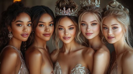 Fototapeta premium Five women pose together in sparkling gowns, exuding confidence and beauty. The setting is opulent, enhancing the elegance of their regal outfits and hairstyles at this special occasion