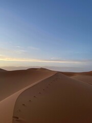 Desierto con dunas de arena dorada y huellas marcadas en el camino bajo un cielo azul al atardecer. Paisaje natural árido y sereno. Sahara Desert. 