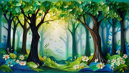 Two forest scenes featuring trees and white flowers.
