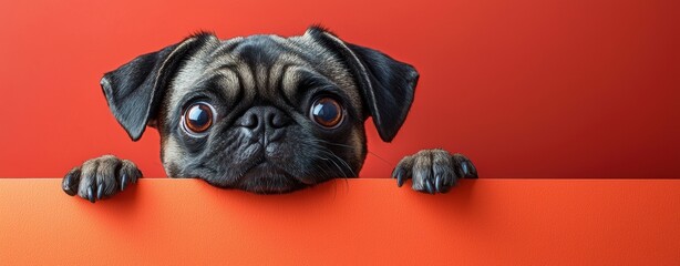 Obraz premium Adorable Pug Puppy Peeking Over Orange Background