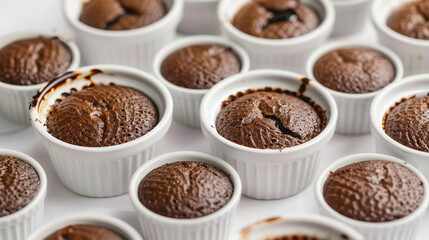 Fototapeta premium Mini chocolate lava cupcakes in white ramekins, fudgy center, gourmet-style individual dessert