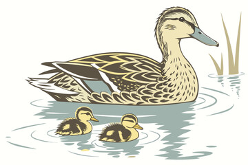 30 Photorealistic watercolor painting, mother duck with ducklings, swimming in calm water, soft pastel colors, detailed feathers, reflections in water, serene nature scene, wildlife illustration, tend