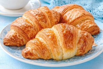 Fresh buttery croissants on breakfast plate
