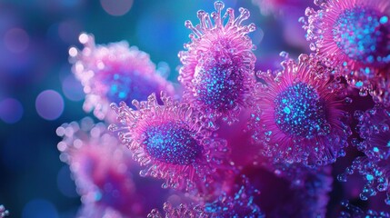 Fototapeta premium Abstract virus graphic, close-up, vibrant colors, bokeh background. Medical or scientific illustration