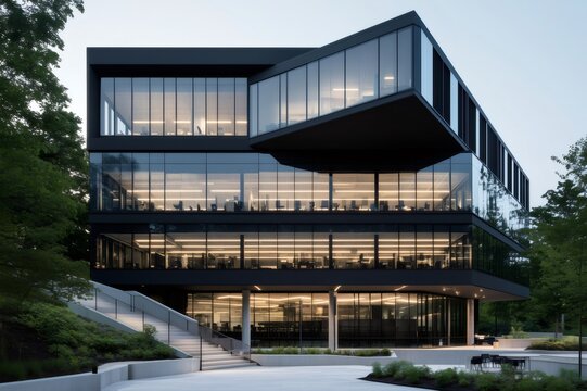 Modern office building embracing biophilic design at dusk