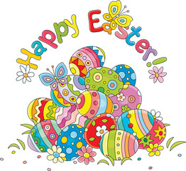 Obraz premium Easter card with a pile of colorfully painted gift eggs on a pretty lawn with spring flowers and merrily fluttering butterflies, vector cartoon illustration on a white background