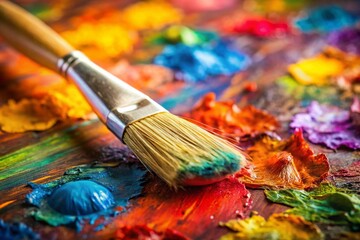 Fototapeta premium Paintbrush and Colorful Palette on White Background with Copy Space
